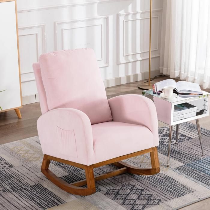 timpfee fauteuil à bascule en bois massif - confortable et robuste - design du milieu du siècle - chambre et salon - rose